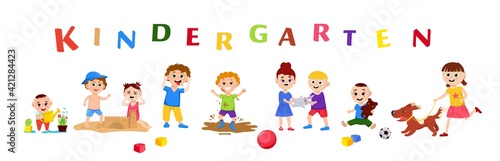 Children in a kindergarten. Editable vector illustration