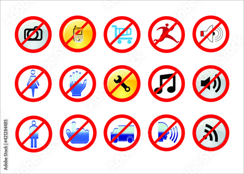 Set of icons easy to use no photography no phones. Do not running Do not trucks passing. not touch, Women no entry, Men no entry Prohibit adjust. Do not make a loud noise. vector 