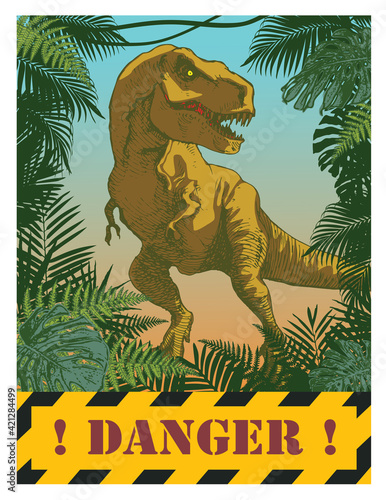 vector image of a tyrannosaurus rex on a jungle background with the words jurassic danger in cartoon anime style