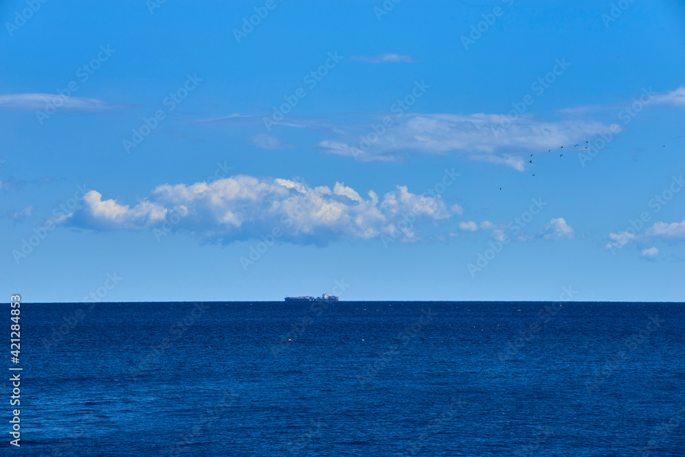 distant cargo ship in horizon with high clouds and calm sea and seagulls in sky