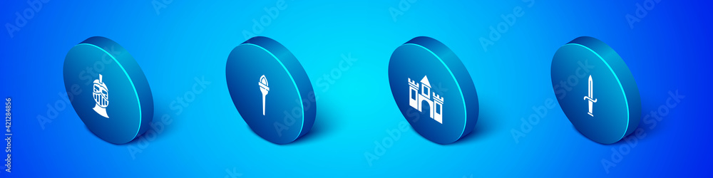 Set Isometric Medieval iron helmet, Castle, fortress, Dagger and Torch flame icon. Vector Set Isometric Medieval iron helmet, Castle, fortress, Dagger and Torch flame icon. Vector