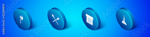 Set Isometric Medieval axe, Decree, parchment, scroll, Sword in the stone and Crossed medieval spears icon. Vector