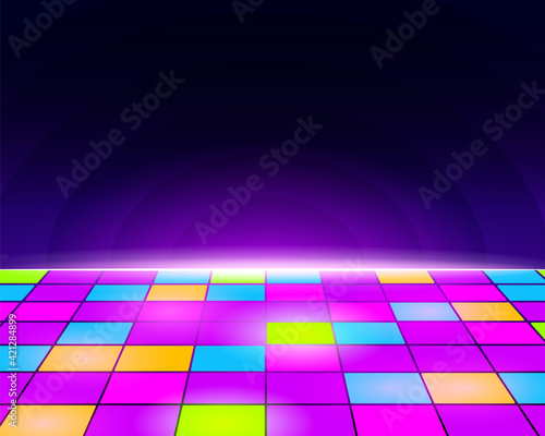 Neon retro dance floor background. Futuristic disco floor with purple tiles and yellow light blue electronic vintage with night sky vector horizon.