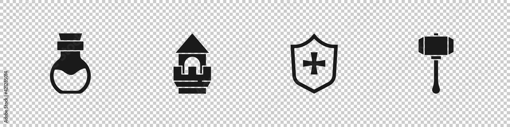 Set Poison in bottle, Castle tower, Shield and Hammer icon. Vector Set Poison in bottle, Castle tower, Shield and Hammer icon. Vector