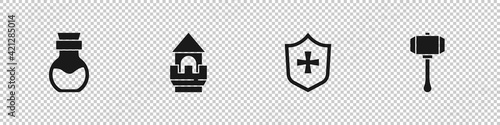 Set Poison in bottle  Castle tower  Shield and Hammer icon. Vector