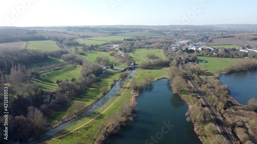 Aerial pull back view Chartham Kent countryside river Stour Canterbury English village scene photo