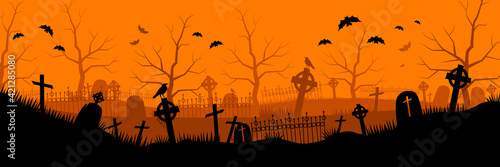 Abandoned old cemetery background. Black rickety crosses with gravestones and rusty railing withered trees with bats and orange vector haze.