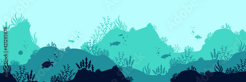 Fototapeta Naklejka Na Ścianę i Meble -  Oceanic deep world background. Dark underwater silhouettes swimming sea fish with blue outlines corals and vector plants.