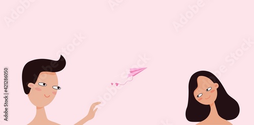 Romantic message with paper airplane. Male character sending confession of love embarrassed girl pink invitation date vector.