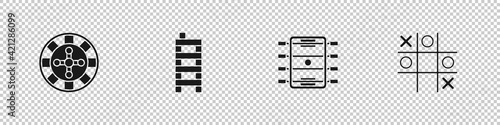 Set Casino roulette wheel, Mahjong pieces, Hockey table and Tic tac toe game icon. Vector