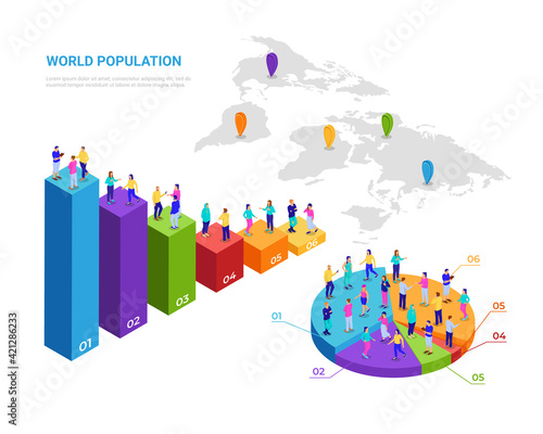 Isometric human populations infographics. Pie charts and statistical pillars with people for studying demographic vector development.