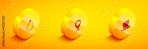 Set Isometric Diamond engagement ring, Location with heart and Cylinder hat icon. Vector