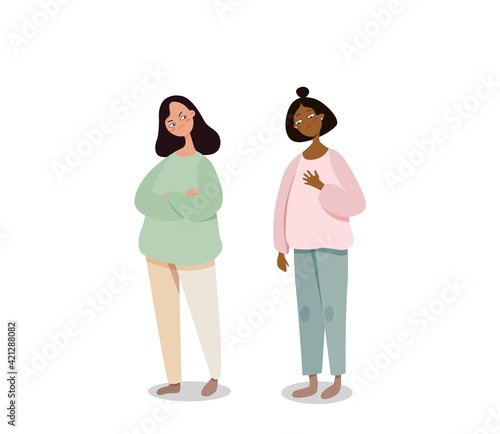 Girl asks for forgiveness to mother illustration. Young female character with sad face apologizes disgruntled and resentful woman vector.