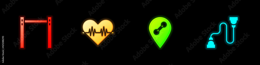 Set Horizontal bar, Heart rate, Location gym and Chest expander icon. Vector Set Horizontal bar, Heart rate, Location gym and Chest expander icon. Vector