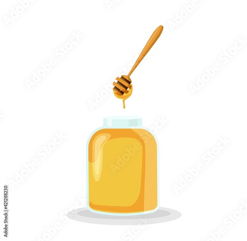 Golden honey flowing from sticks into jar illustration. Yellow sweet nectar in filled glassware and spoon down yellow vector liquid.