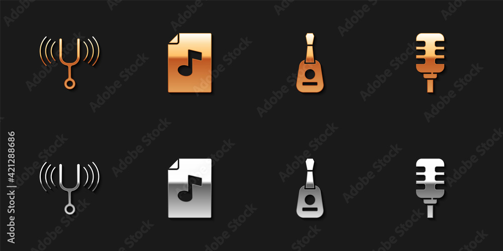 Set Musical tuning fork, book with note, Guitar and Microphone icon. Vector Set Musical tuning fork, book with note, Guitar and Microphone icon. Vector