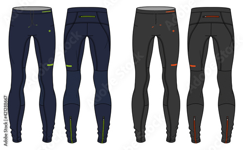 Compression Tights Pants design vector template, Base layer Performance bottom concept with front and back view for running, jogging, fitness, and active wear pants design.