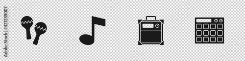 Set Maracas, Music note, tone, Guitar amplifier and Drum machine icon. Vector