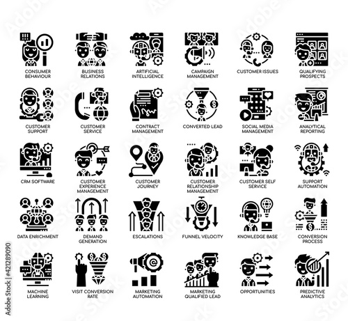 Set of Customer relationship management thin line and pixel perfect icons for any web and app project.