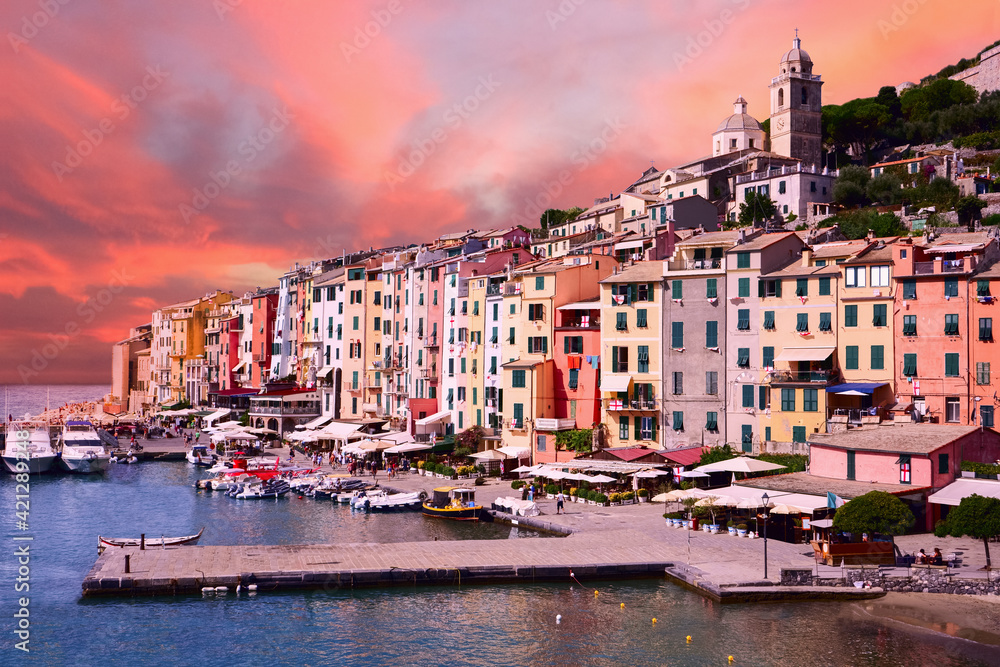 picturesque harbour of Porto Venere on early morning, Italian Riviera, Liguria, Italy.
