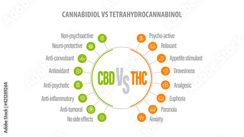 CBD vs THC, list of differences with icons. White banner with comparison CBD and THC.