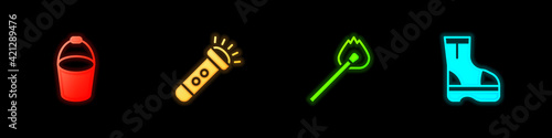 Set Fire bucket, Flashlight, Burning match with fire and boots icon. Vector