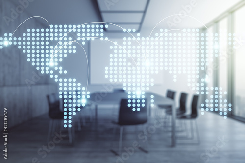 Abstract virtual world map with connections on a modern conference room background, international trading concept. Multiexposure © Pixels Hunter