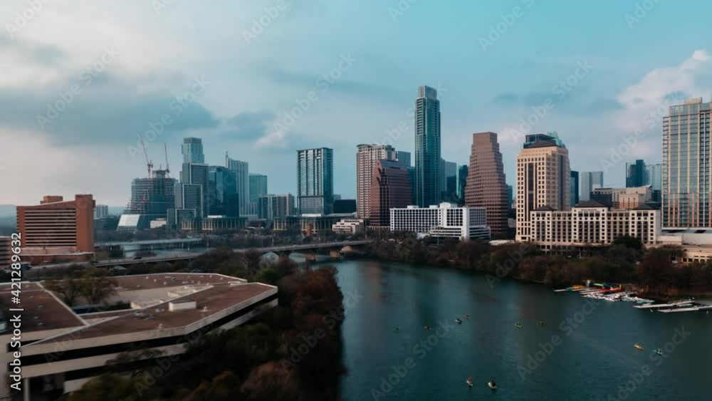 Downtown Austin skyline aerial Hyperlapse at sunset over Town Lake looking at sprawling skyscrapers 4k texas time-lapse Downtown Austin skyline aerial Hyperlapse at sunset over Town Lake looking at sprawling skyscrapers 4k texas time-lapse