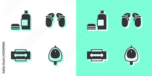 Set Toilet urinal or pissoir, Bottle of shampoo, Blade razor and Flip flops icon. Vector
