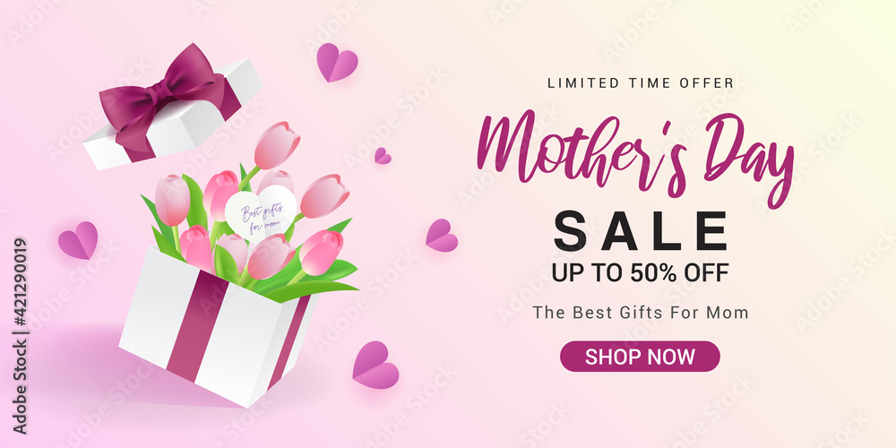 Happy Mother's Day Sale Banner vector illustration. Pink tulips bouquet in surprise gift box.	