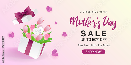 Happy Mother's Day Sale Banner vector illustration. Pink tulips bouquet in surprise gift box.	