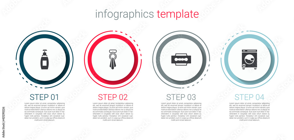 Set Bottle of liquid soap, Towel on hanger, Blade razor and Washer. Business infographic template. Vector Set Bottle of liquid soap, Towel on hanger, Blade razor and Washer. Business infographic template. Vector