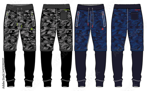 Camouflage Jogger bottom Pants design vector template, Track pants concept with front and back view, Sweatpants for running, jogging, fitness, and active wear pants design.