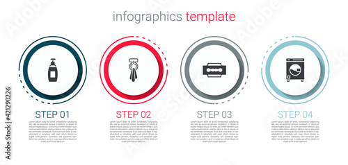 Set Bottle of liquid soap, Towel on hanger, Blade razor and Washer. Business infographic template. Vector