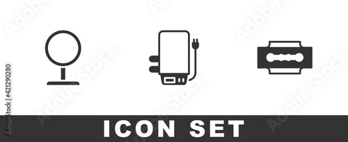 Set Round makeup mirror, Electric boiler and Blade razor icon. Vector