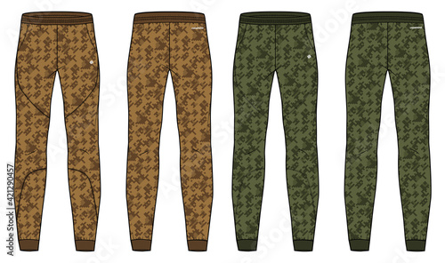 Camouflage Jogger bottom Pants design vector template, Track pants concept with front and back view, Sweatpants for running, jogging, fitness, and active wear pants design.