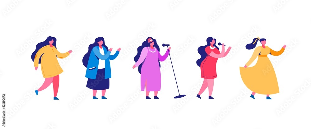 Singing and dancing elegant women clipart. Beautiful singers in purple dress with microphone perform incendiary song and dancers in yellow perform vector pirouettes.