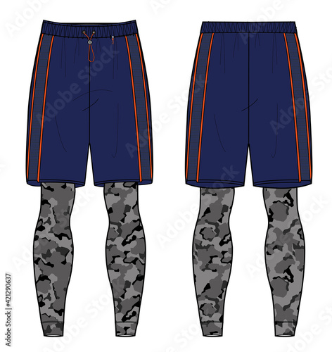 Sport Shorts with Camouflage compression tights design vector template, basketball shorts concept with front and back view for Soccer, football, badminton and running active wear shorts design.