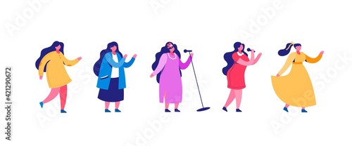 Singing and dancing elegant women clipart. Beautiful singers in purple dress with microphone perform incendiary song and dancers in yellow perform vector pirouettes.