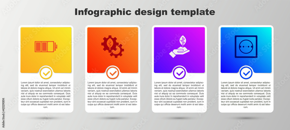 Set Battery, Leaf plant in gear machine, Plant hand and Electrical outlet. Business infographic template. Vector Set Battery, Leaf plant in gear machine, Plant hand and Electrical outlet. Business infographic template. Vector