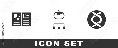 Set Clinical record, Genetically modified food and DNA symbol icon. Vector