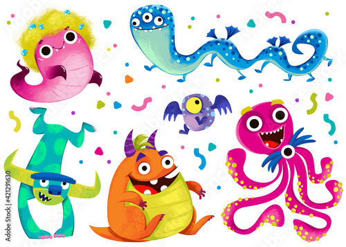 Clipart set of children's funny monsters. Halloween and cartoon aliens. Decor for a children's birthday. The image is isolated on a white background. © GreenPencil