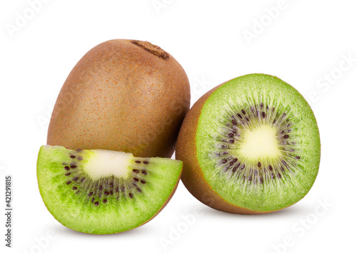 Whole kiwi fruit and sliced isolated on white background