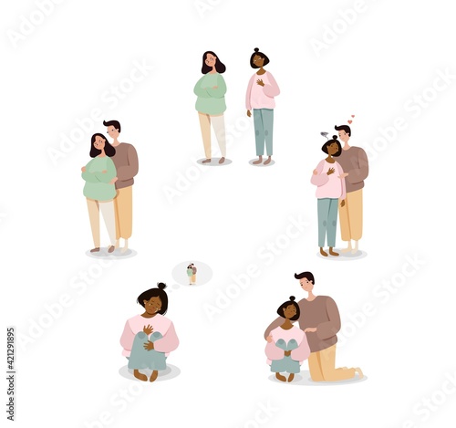 Family and related feelings illustration. Male and female characters sort out relationship confess their love mother calms her daughter and asks vector forgiveness.