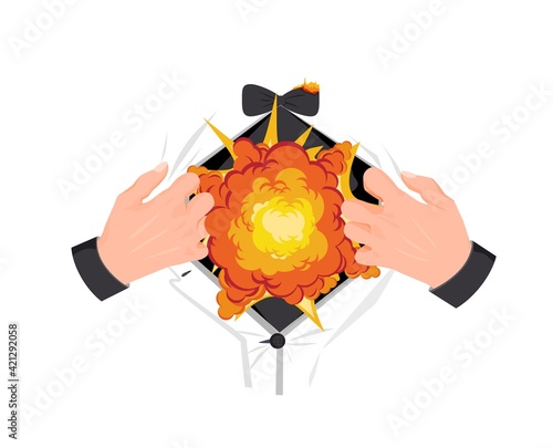 Explosion in chest concept. Powerful heart attack with ruptured aorta attack respiratory complication by vector coronavirus.