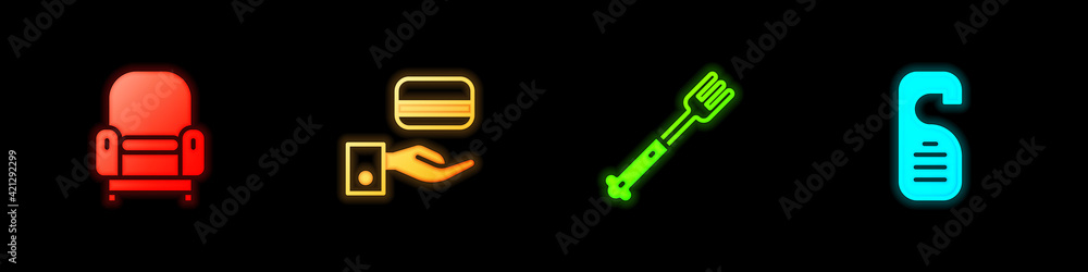 Set Armchair, Digital door lock, Fork and Please not disturb icon. Vector Set Armchair, Digital door lock, Fork and Please not disturb icon. Vector