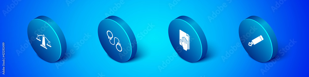 Set Isometric Scales of justice, Oath on the Holy Bible, Fountain pen nib and Handcuffs icon. Vector Set Isometric Scales of justice, Oath on the Holy Bible, Fountain pen nib and Handcuffs icon. Vector