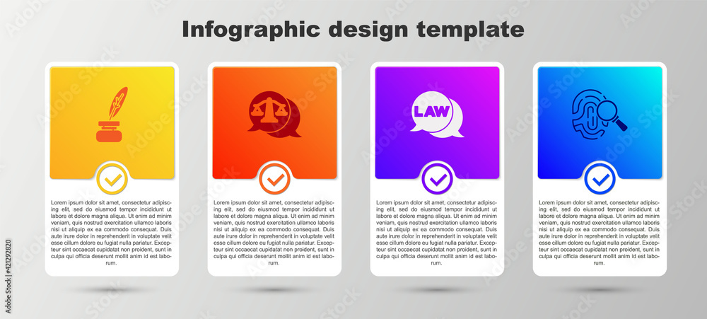 Set Feather and inkwell, Scales of justice, Law and Fingerprint. Business infographic template. Vector Set Feather and inkwell, Scales of justice, Law and Fingerprint. Business infographic template. Vector