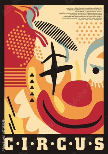 Circus artistic poster design with clown portrait. Abstract graphic for circus show. Modern contemporary vector clown illustration.