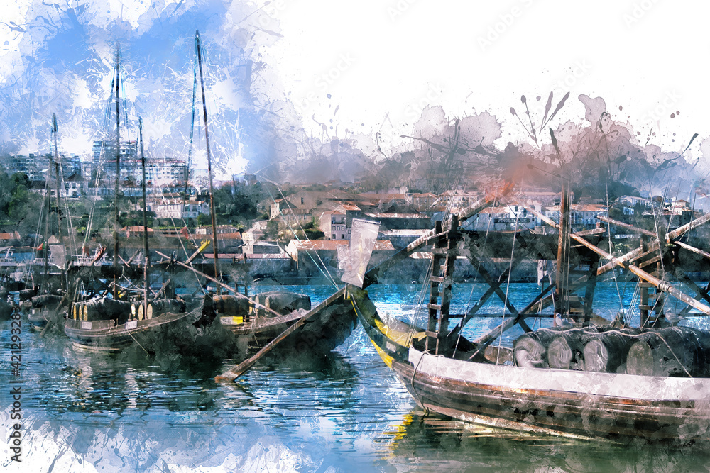 Watercolor drawing, illustration. Beautiful landscape. View of two boats and a river, in the background a bridge and a city Watercolor drawing, illustration. Beautiful landscape. View of two boats and a river, in the background a bridge and a city